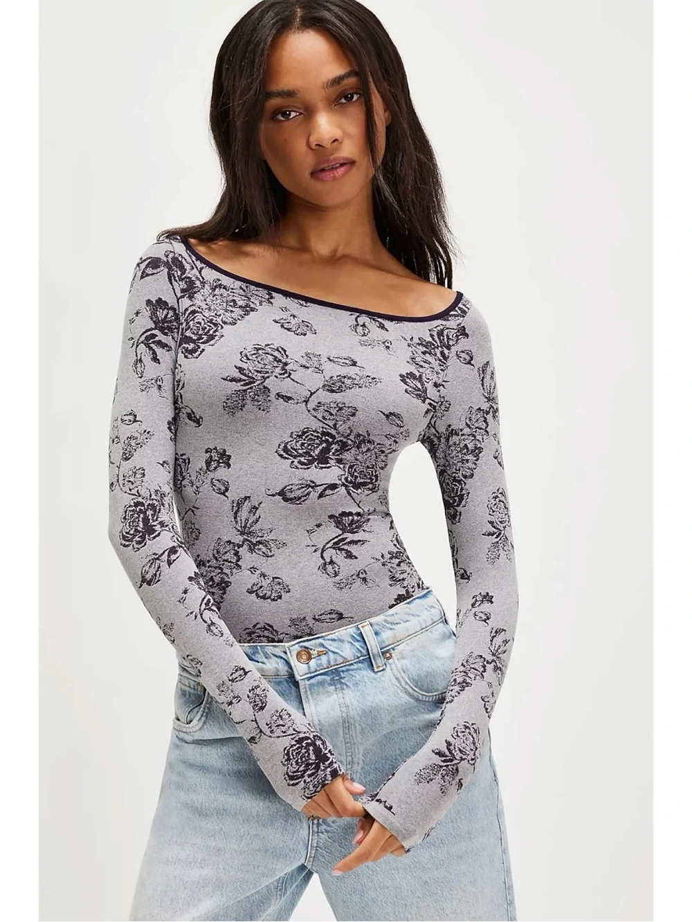 Free People 90s Y2K Rosey Layering Seamless Long Sleeve Nightshade Medium Large